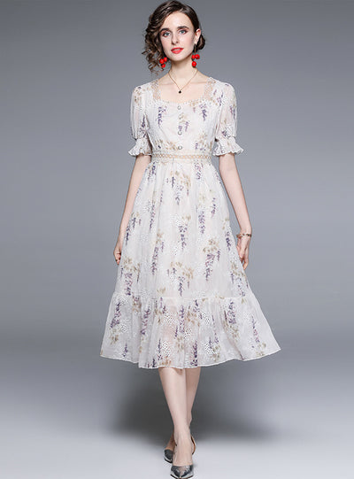Retro Floral Square Collar Bubble Sleeve Dress