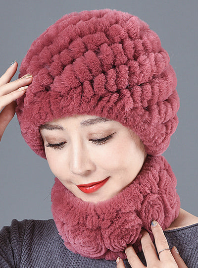 Winter Fur Rex Rabbit Fur Warm Scarf Hat Set