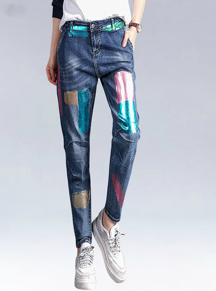 High Waist Loose Pants Denim Jeans Floral Print