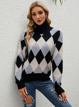 Collar Plaid Color Matching Knitted Loose Sweater