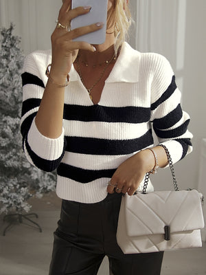 Shirt Collar Striped Sweater