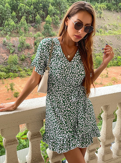 Short Sleeve Lace-up V-neck Floral Dress