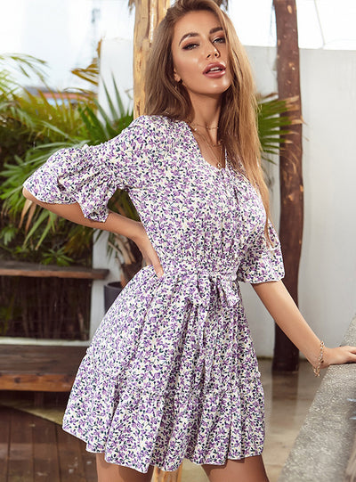 Floral Trumpet Sleeve Ruffled Strap Dress