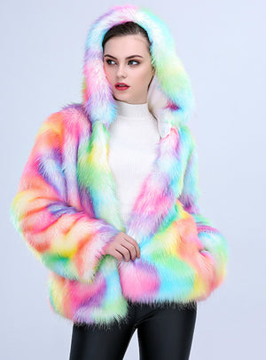 Faux Fur Short Hooded Coat Color Fox Fur Coat