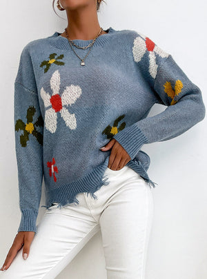 Crew Neck Pullover Hole Blue Flower Sweater