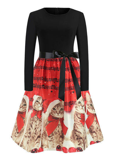 Retro Christmas Printed Long Sleeve Dress