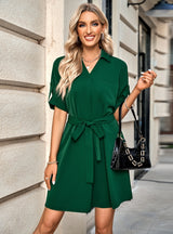 Solid Color Lapel Short Sleeve Belt Dress