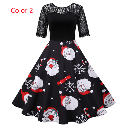 Christmas Lace Stitching Print Dress