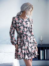 Long Sleeve Flower Print Flounce Dress
