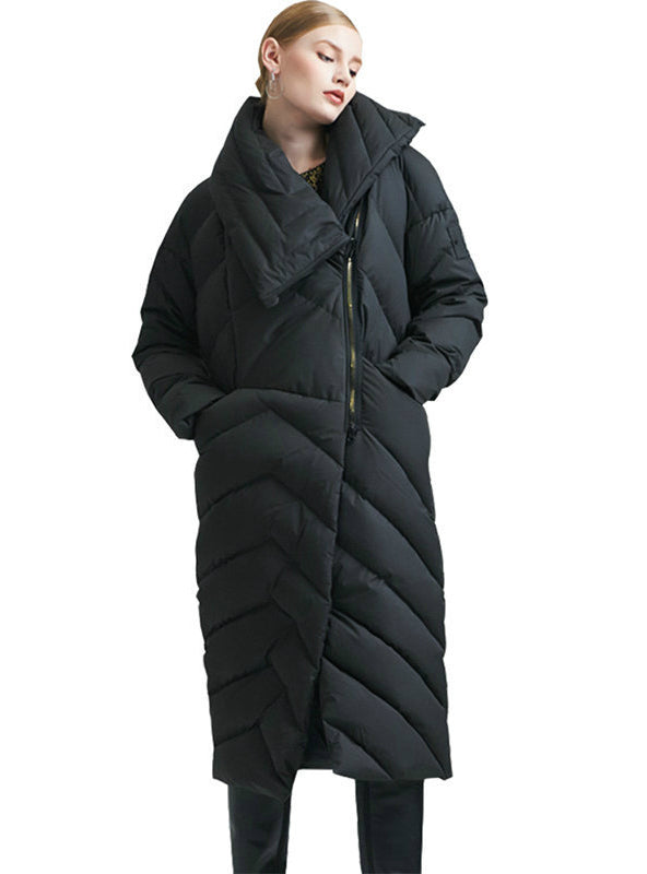 Zipper Asymmetric Long Down Jacket Warm Snow Coat 