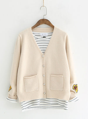 Knitted Cardigan V neck Back Flower Long Sleeve