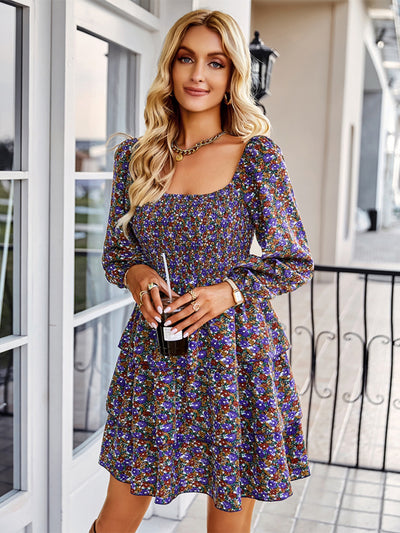 Square Neck Long Sleeve Print Cake Dress