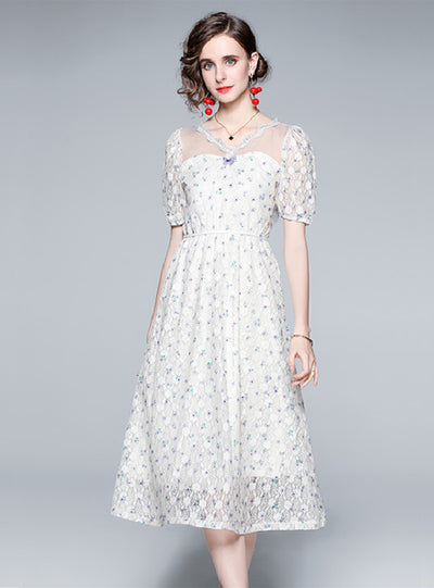 V-neck Lace Bubble Sleeve Vintage Dress