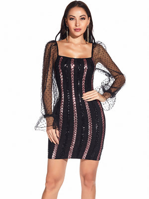 Sexy Backless Mesh Stitching Sequined Dress
