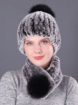 Rex Rabbit Fur Hat Scarf Winter Two-piece Set