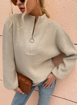 V-neck Zipper Lantern Sleeve Sweater