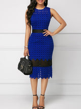 Blue Lace Halter High Collar Sheath Dress