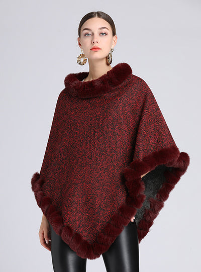 Wool-padded Fur Collar Shawl Cape Knitted Pullover
