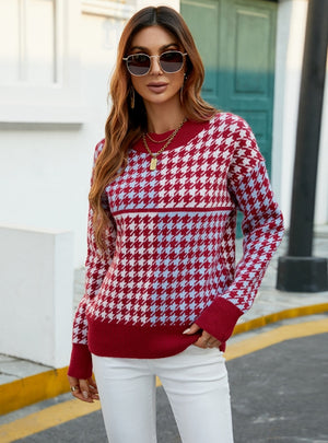 Round Neck Houndstooth Contrast Sweater