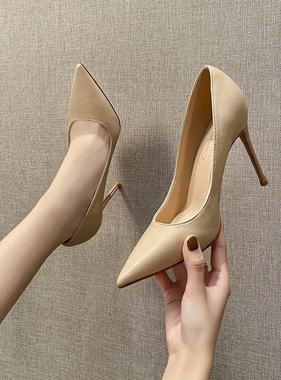 Soft Leather Thin Heel Pointed Tip Shallow Mouth Shoes