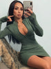 Zipper Deep V-neck Solid Stretch Bodycon Pencil Party Mini Dress