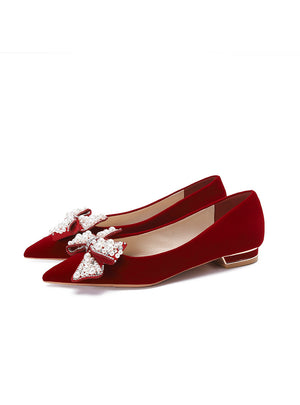 Women Red Bow Pearls Shoes