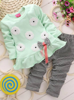 2pcs Kids Twinset Top T Shirt +Plaid Pants Leggings