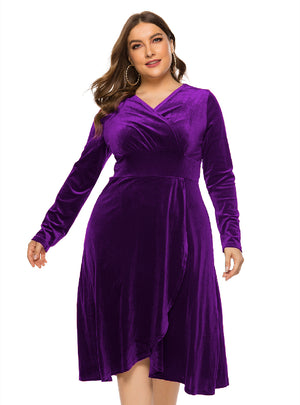 V-neck Long Sleeve Velvet Dress