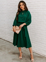 Green Midi Dress Casual Long Sleeve Turtleneck Dresses