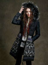 Winter Jacket With Hood Black Long Parka Print