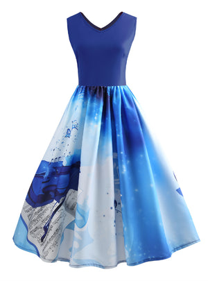 Blue V-neck Print Sleeveless Dress