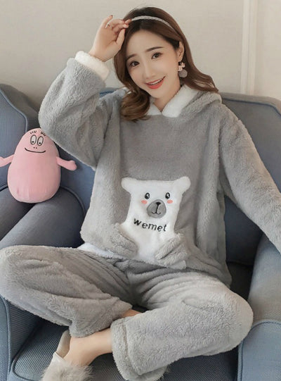 Women Gray Shame Bear Velvet Suit Nightwear