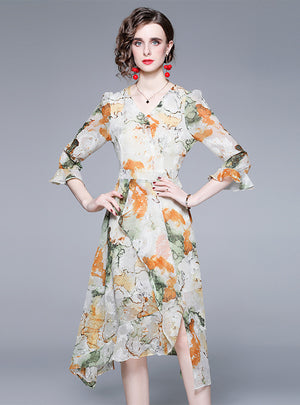 V-neck Chiffon Print Long Sleeve Dress