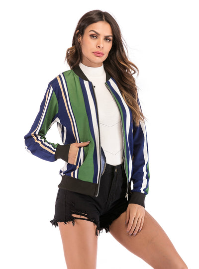 Stripes Printed Baseball Winter Short Zipper Coat