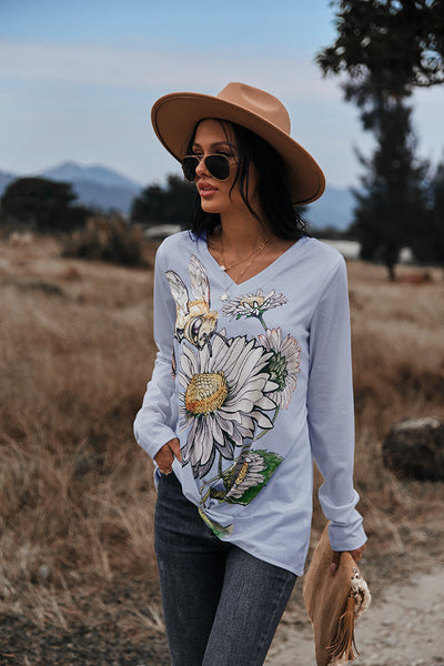 V-neck 3D Printed Top T-Shirt