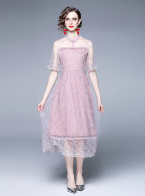 Retro Embroidered Gauze Lace Purple Dress