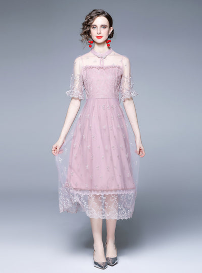 Retro Embroidered Gauze Lace Purple Dress