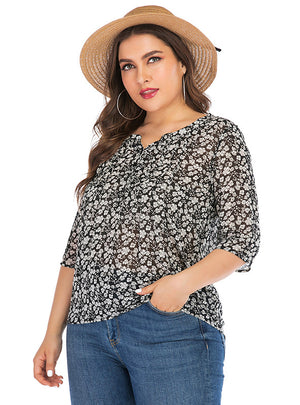 Plus Size Printed Chiffon V neck Shirt