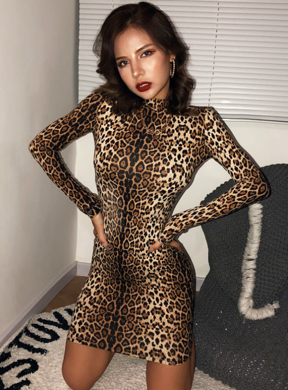 Hugcitar Leopard Print Long Sleeve Slim Bodycon Dress