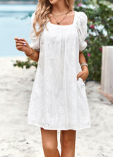 Solid Color Openwork Jacquard Square Collar Dress