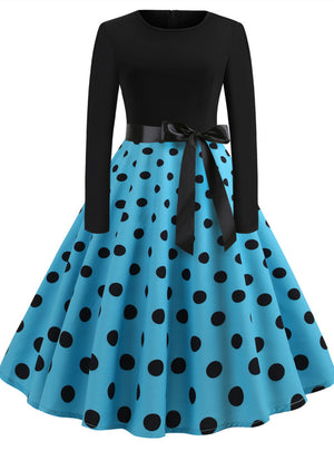 Retro Long Sleeve Polka Dot Print Dress