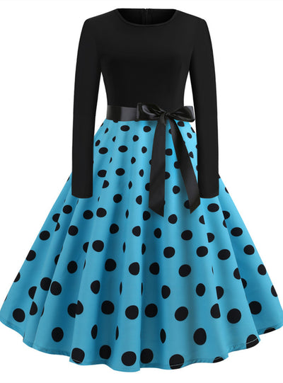 Retro Long Sleeve Polka Dot Print Dress