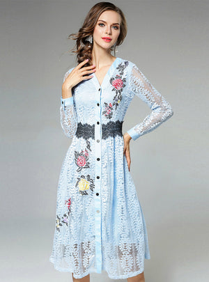 Floral Embroidered Lace Dress Full Sleeve Casual Dress