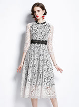 Hollow Round Neck Lace Long Sleeve Dress