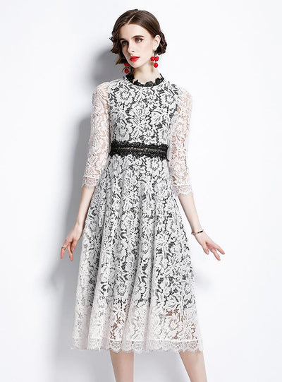 Hollow Round Neck Lace Long Sleeve Dress