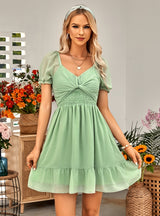 V Neck Solid Color Waist Short Sleeve Dress