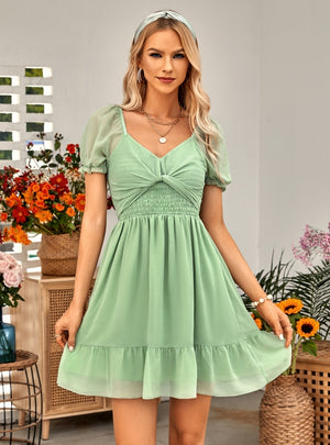 V Neck Solid Color Waist Short Sleeve Dress
