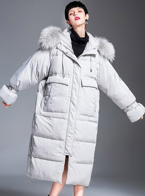 Long Casual Rabbit Fur Hooded Down Jacket