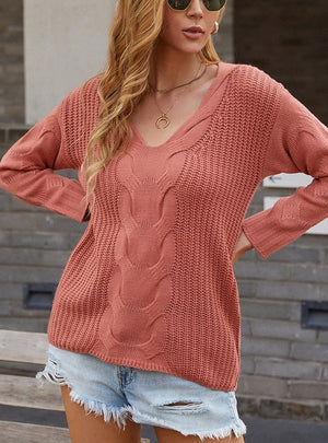 Solid Color V-neck Twist Sweater