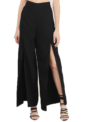 Solid Black Women Elegant Pants Split Side 